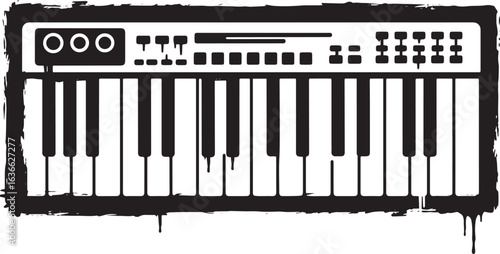 Stylized midi keyboard illustration with grunge effect border de
