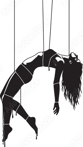 Monochrome illustration of a woman suspended by strings depictin
