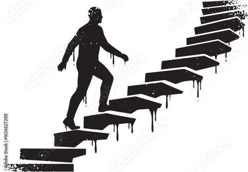 Silhouette of a man climbing abstract dripping stairs against wh