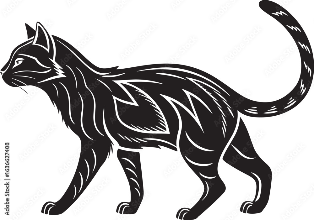 Fototapeta premium Stylized black cat walking with ornate white markings