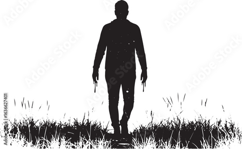 Abstract silhouette of a man walking through a field of tall gra