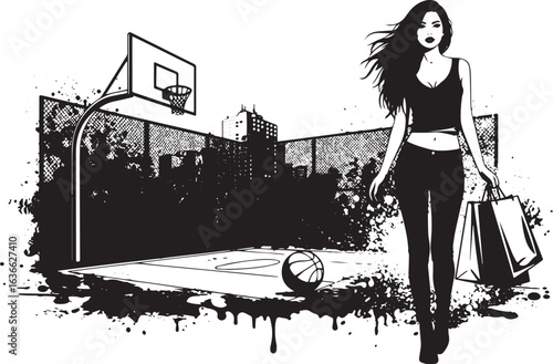 Fashionable girl walking by a basketball court with shopping bag