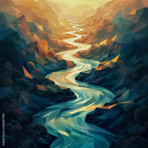 Convergence of Ideas – Abstract Geometric River with Tributaries Merging into Unified Flow, Symbolizing Project Synergy in Warm Serene Lighting