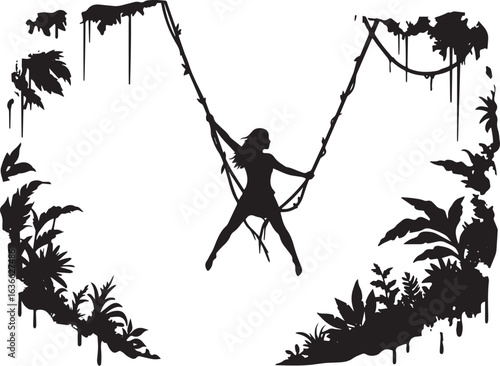 Silhouette of a woman swinging from jungle vines, surrounded by