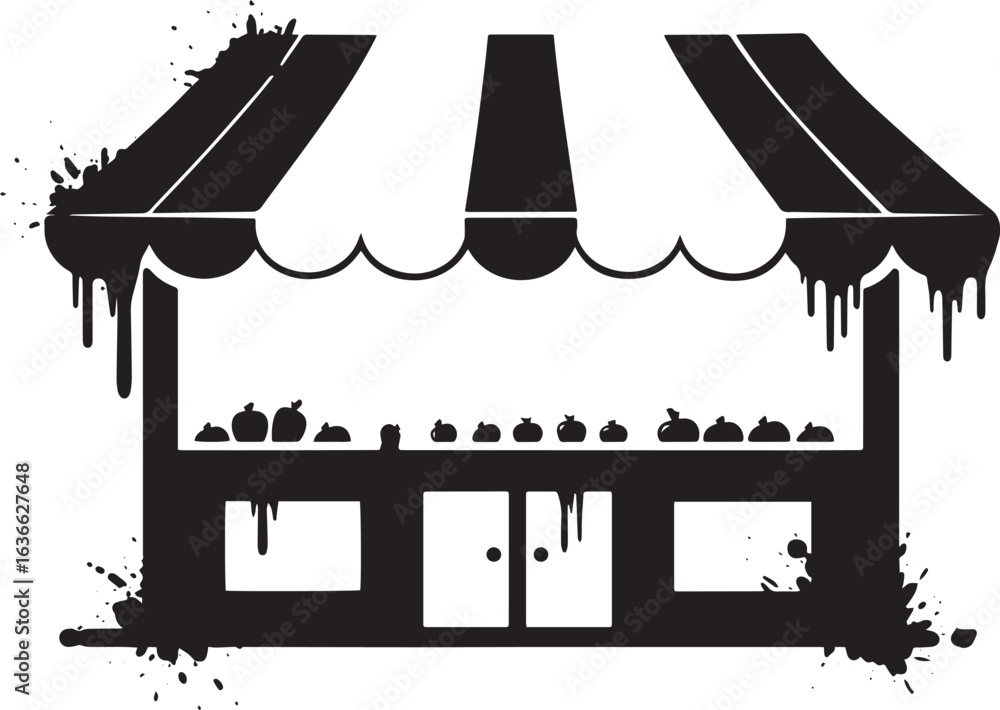 Fototapeta premium Stylized farmers market stand in black vector with paint splatte