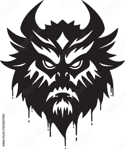 Intricate black and white stylized depiction of a horned demonic