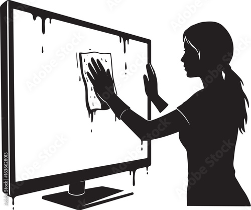 Silhouette of a woman cleaning a modern television screen with a