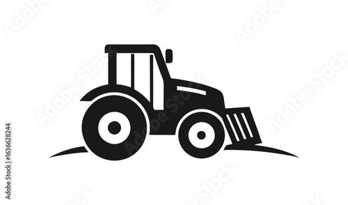 Black silhouette of a tractor with a front loader on a white background