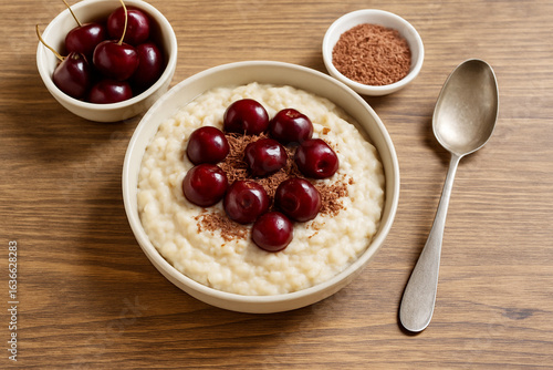 Creamy oatmeal with cherries and chocolate stock photo