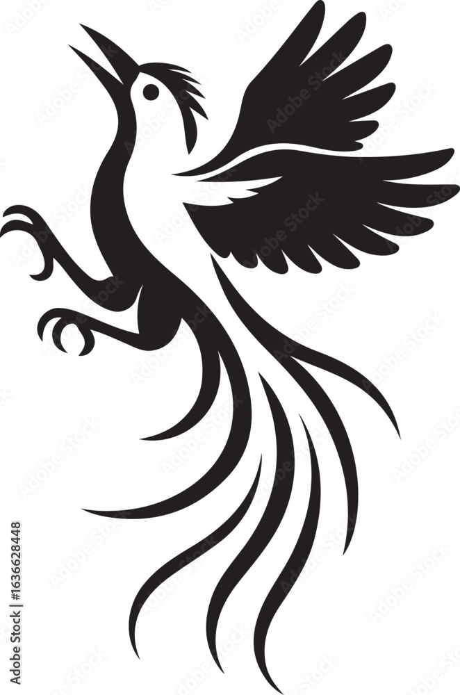 Fototapeta premium Stylized black bird in flight with flowing tail, Long tail bird flying vector silhouette