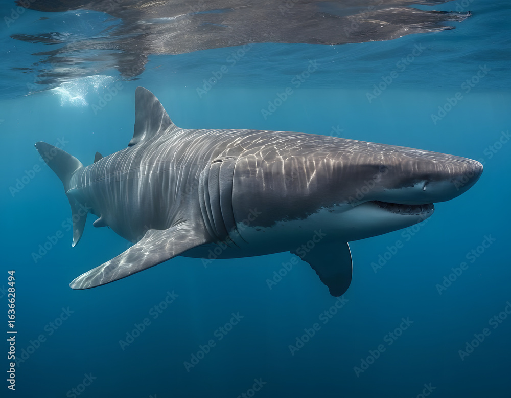 Fototapeta premium great blue shark background, Basking Shark Filter-Feeding Underwater