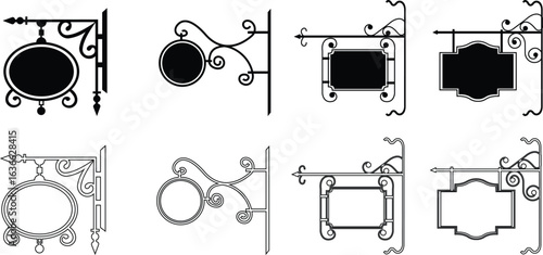 Blank wrought iron set icon often used for businesses like restaurants or hotels. typically designed to be hung from a wall or post and feature a customizable area where information can be displayed