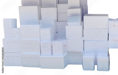 Stacked white rectangular and cube insulated polystyrene foam boxes insulated boxes
