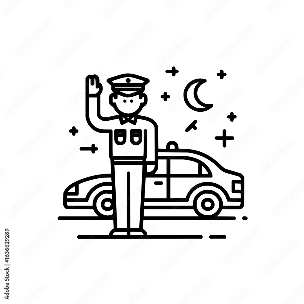 Fototapeta premium Taxi driver at night waving hand vector illustration in black and white line art style design concept