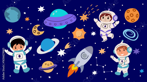 kids astronaut space elements little cosmonauts funny children in spacesuits ufo alien rocket planets childish background cartoon