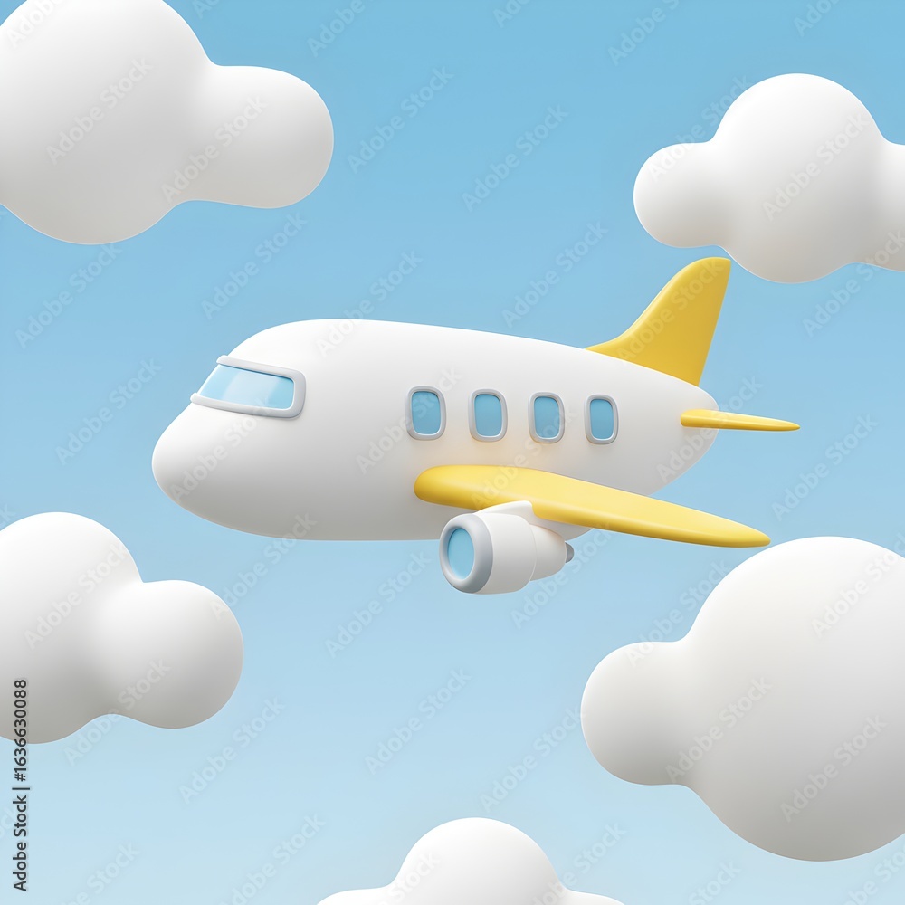 Obraz premium Cartoon airplane with yellow tail flying through cloudy blue sky, perfect for travel and aviation themes.