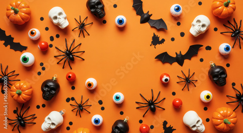 Flat lay of Halloween decorations on an orange background, including black spiders, bats, skulls, pumpkin ornaments
