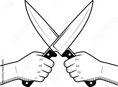 Two hands holding crossed knives in a dramatic illustration