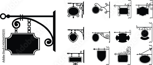 Blank wrought iron set icon often used for businesses like restaurants or hotels. typically designed to be hung from a wall or post and feature a customizable area where information can be displayed
