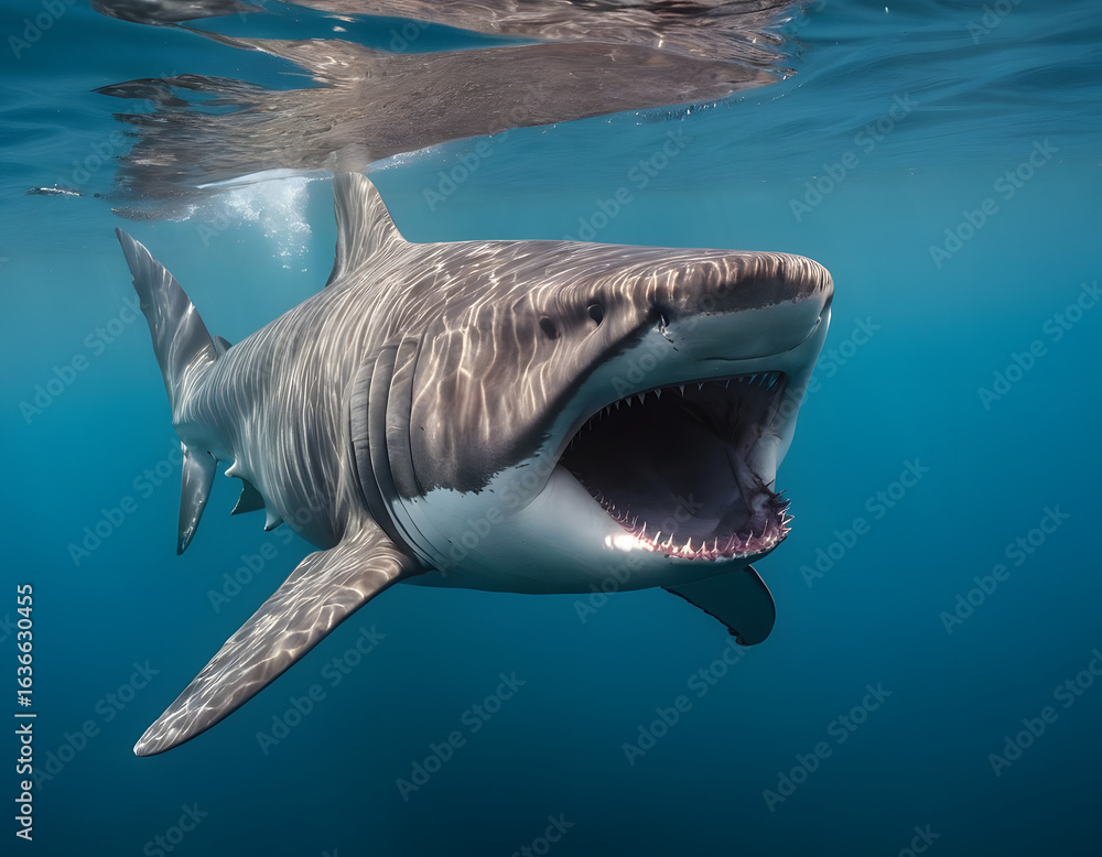 Naklejka premium great blue shark background, Basking Shark Filter-Feeding Underwater