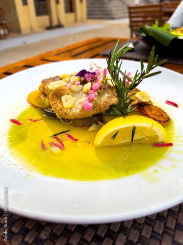 A close-up, low-angle shot showcases a beautifully presented dish of pan-seared white fish on a white plate. The fish is topped with sliced garlic and small pink edible flowers, with a sprig of fresh