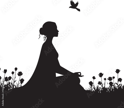 Woman Meditating Silhouette in a Field of Flowers with a Bird meditation yoga