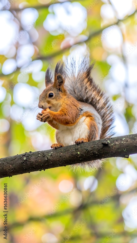 Fototapeta premium Red Squirrel eating nut on branch, autumn