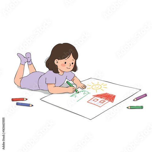 A child sits at a table, drawing with colored pencils on paper during school