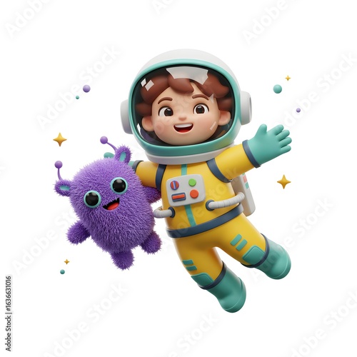 Adorable astronaut child with purple alien friend floating in colorful space, perfect for children's space education and imagination.