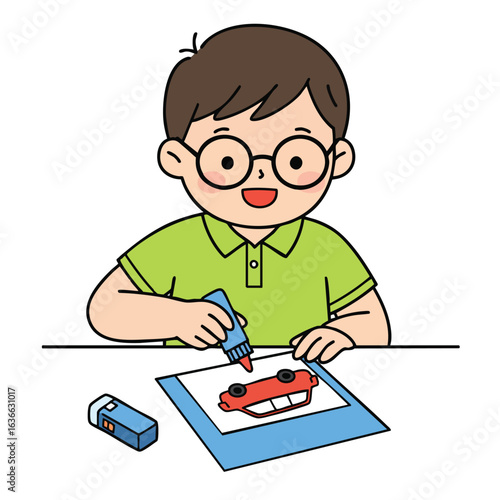 Vector cartoon illustration of a boy child studying Making a Collage
