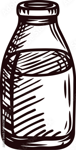 Hand drawn glass milk bottle illustration in vintage engraved with clean white background