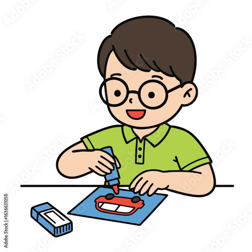 a boy wearing glasses and a green shirt is drawing a red car in a coloring book, with a happy expression
