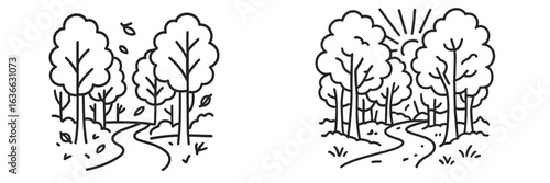 Nature illustrations of trees and paths in a serene forest setting during daytime with sunrays shining through foliage