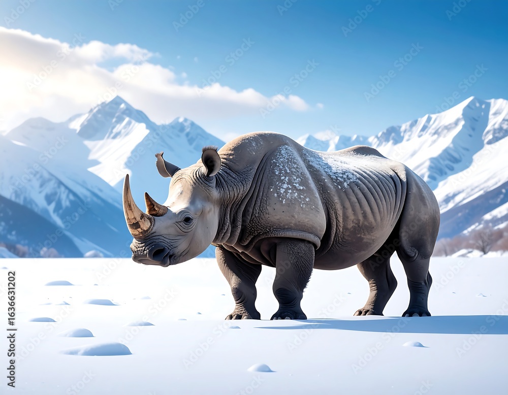 Fototapeta premium Rhinoceros in snowy mountains