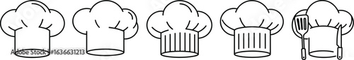 Chef hat and cooking tools vector line icon set, collection of culinary symbols for restaurants, food blogs, and kitchen-themed designs.