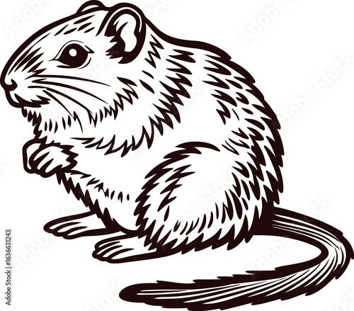 Detailed hand drawn vintage illustration of a sitting gerbil with fluffy fur and long tail in engraved etching