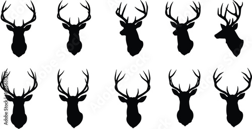 Deer stag head silhouette vector set, collection of various antlered deer head shapes for hunting, nature, and rustic-themed designs.