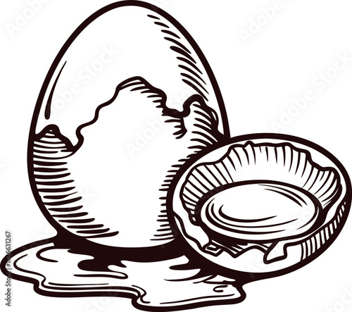 Hand drawn cracked egg and eggshell illustration in vintage engraved