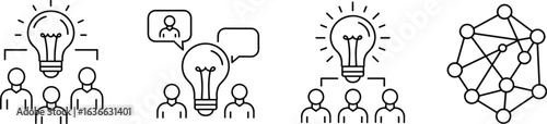 Brainstorming and teamwork vector icon set, collaboration symbols of people with lightbulbs and a network for business, creative ideas, and innovation.