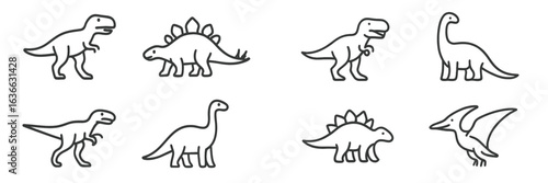 Dinosaurs in various poses and styles create a playful illustration of prehistoric life in a simple design format