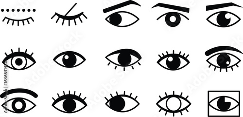 Eye symbols vector icon set, collection of various human and stylized eye shapes for design projects, health, and spiritual themes.