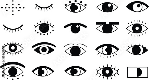 Eye symbols vector icon set, collection of various human and stylized eye shapes for design projects, health, and spiritual themes.