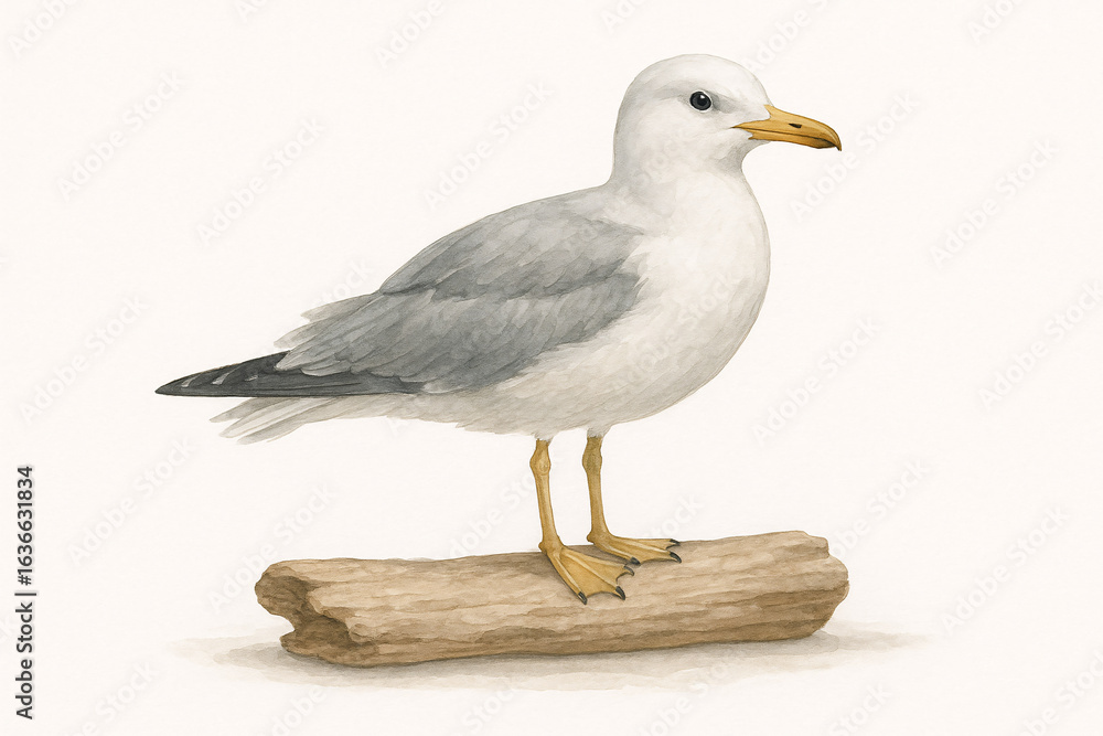 Fototapeta premium Minimalist watercolor illustration of a seagull standing gracefully on a piece of driftwood, featuring soft grey wings, white plumage, yellow legs, and a yellow beak, set against a clean light backgro