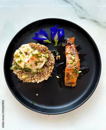 A high-angle, top-down view captures a gourmet dish artfully arranged on a matte black plate against a white marble surface. The dish features a perfectly grilled salmon fillet drizzled with a dark
