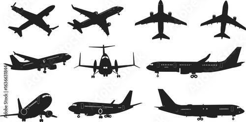 Aircraft Silhouettes: A Collection of Airplane and Jet Icons, Side Views, and Top-Down Perspectives for Aviation and Travel Themes, Vector Graphics.