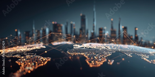 A digital map of the world with interconnected nodes representing global network connections, symbolizing connectivity and business idea exchange across continents Generative AI