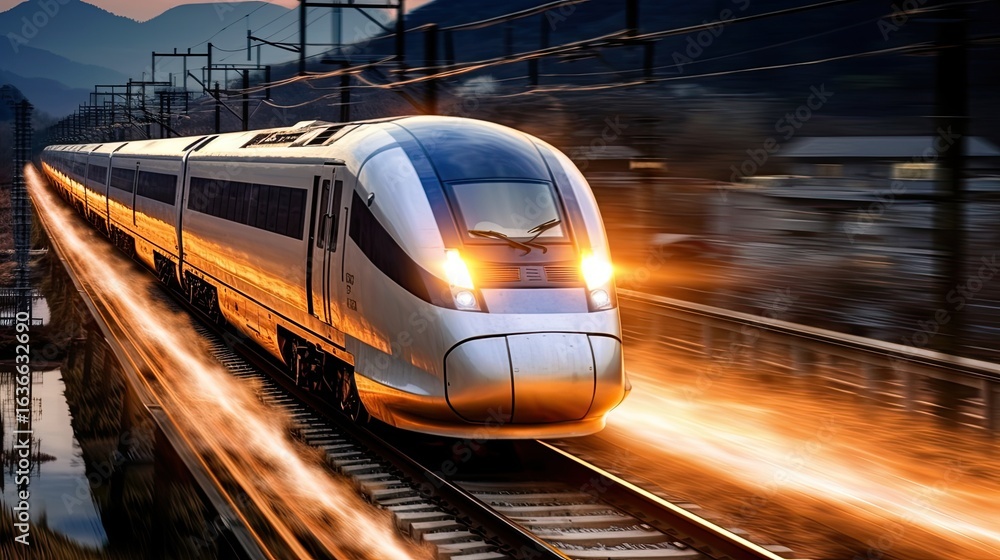 Fototapeta premium A high-speed train traveling through a tunnel with mountains in the background.