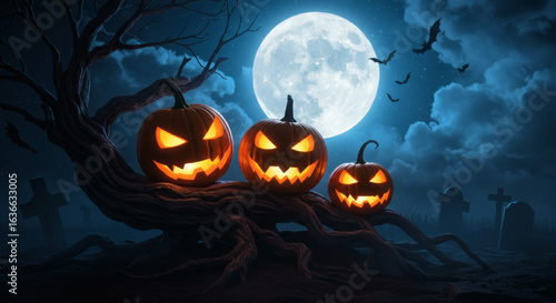 Pumpkin zombie Rising Out Of A Graveyard cemetery and church In Spooky scary dark Night full moon bats on tree. Holiday event halloween banner background concept.