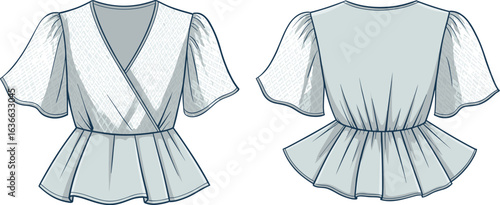 Fashion technical sketch of a women’s wrap top with flutter sleeves, peplum waist, elegant blouse design for garment template illustration