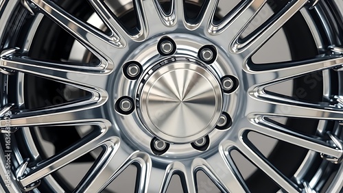 Polished metal wheel with industrial chrome texture, minimalist studio lighting showcase.